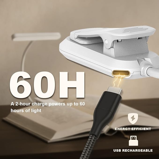 Rechargeable Book Lights for Reading at Night 25 LED - Eye Caring 15 Level Stepless Dimming, Extended 60Hrs Runtime, Lightweight Clip on Light, Gifts for Book Lovers, White