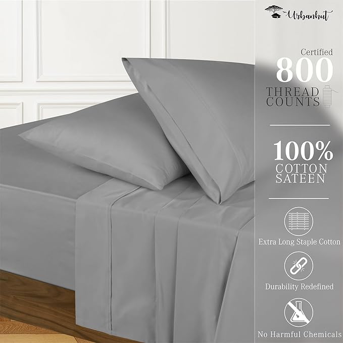 URBANHUT 800 Thread Count 100% Cotton California King Size Sheets, Luxury 4 Piece Cal King Bedsheets, Hotel Sheets Sateen Finish - Better Than Egyptian, 16" Elasticized Deep Pocket - Dark Grey