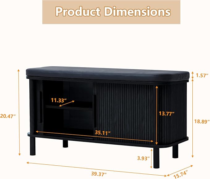 Shoe Bench, Entryway Shoe Cabinet with Leather Cushion and Sliding Door, Modern Shoe Storage Organizer for Living Room, Hallway (Black)