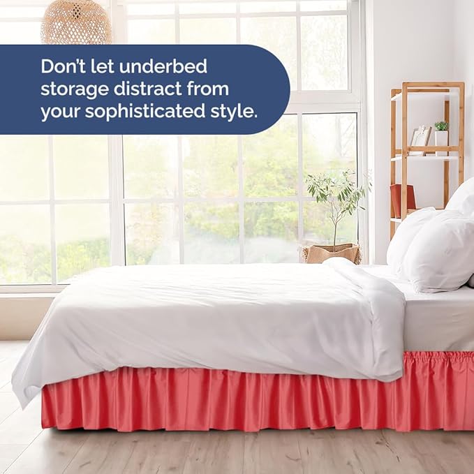 Wrap Around Dust Ruffle Bed Skirt - Red - for Queen Size Beds with 12 Inch Drop - Easy Fit Elastic Strap - Adjustable Pleated Bedskirt w/Brushed Fabric - Wrinkle Free - for Women, Men, Kids & Teens