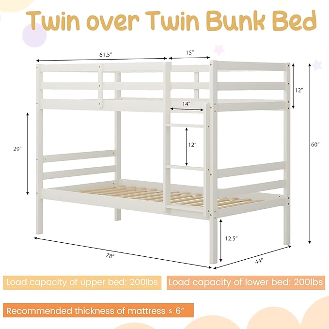 Giantex Bunk Bed Twin Over Twin White, Solid Wood Bunk Bed with Sturdy Ladder & 12 Inch Safety Guard Rails, Twin Size Wood Bed Frame for Dormitory, No Box Spring Needed, Bunk Beds for Kids Teens