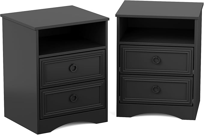 Set of 2 Large Night Stand with Drawers, 17.7" W Nightstand with 2 Drawers, Accent Bed Side Table and End Table with Large Open Storage for Bedroom, Living Room,Black