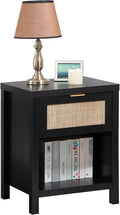 SICOTAS Rattan Nightstand, Farmhouse Night Stands with Drawer, Boho End Side Table for Bedroom, Small Space, Black Oak
