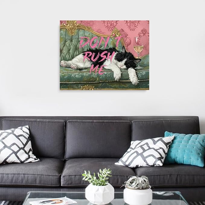 Pveror Funny Cat Wall Art Canvas Dont Rush Me Sleeping Black White Cat Painting Vintage Sofa Style Humorous Decor for Living Room Bedroom Office Pet Lover Gift Modern Home Decor 12x16 Inches