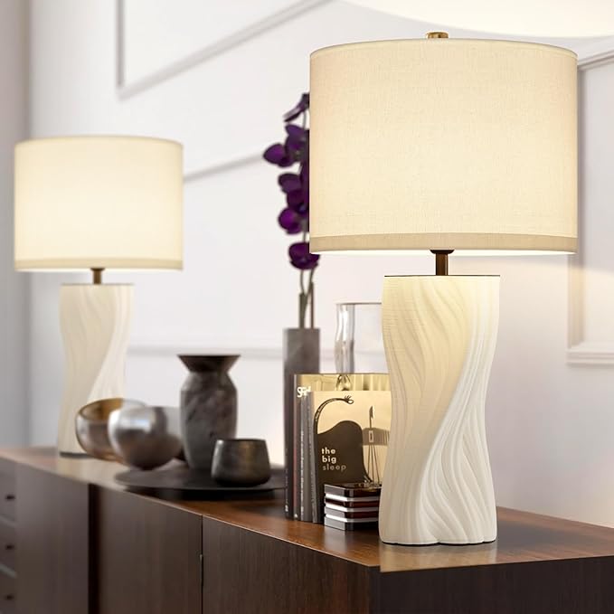 White Ceramic Table Lamps 21.5In Modern Plug in Table Lamp Bedroom Bedside