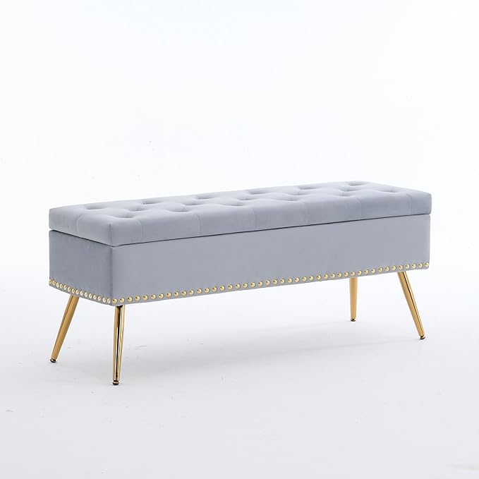Velvet Storage Bench with Gold Legs& Nailhead Trim, 46" Wide Upholstered Modern Bedroom Bench for End of Bed, Tufted Ottoman for Entryway Living Room Dining Room (Gray, 46" Wide)