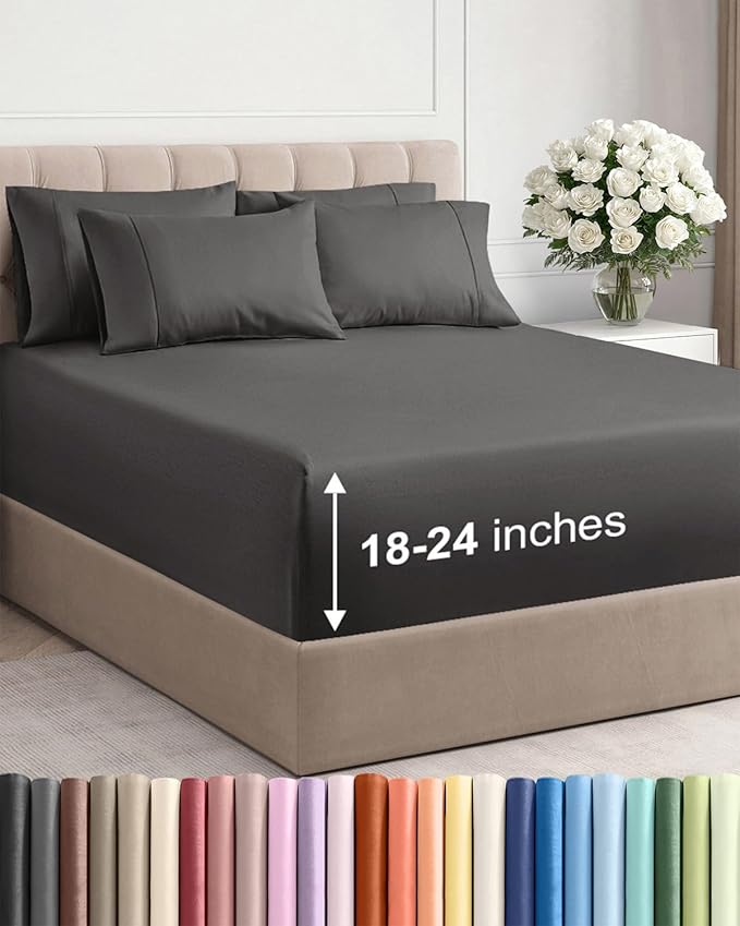 Extra Deep King Sheet Set - 6 Piece Breathable & Cooling Sheets - Hotel Luxury Bed Sheets Set - Easy & Secure Fit - Soft, Wrinkle Free & Comfy Sheets Set - Charcoal Sheet Set with Extra Deep Pockets