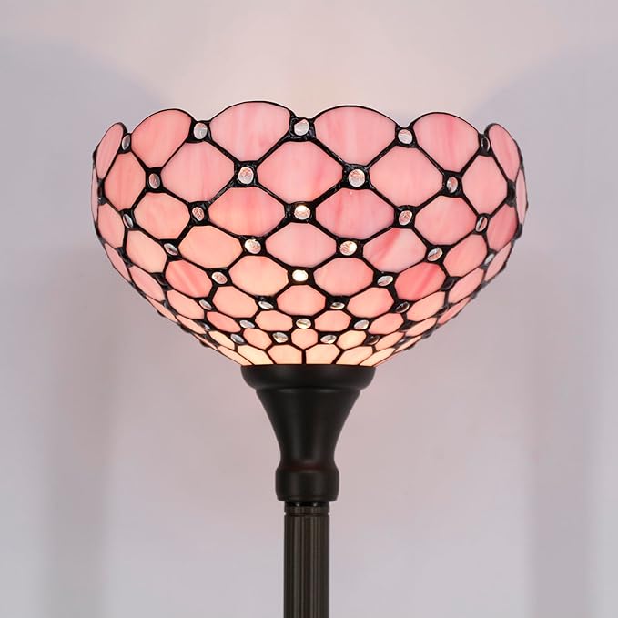 WERFACTORY Tiffany Floor Lamp Pink Stained Glass Pearl Bead Light 12X12X71 Inches Torchiere Standing Corner Torch Uplight Decor Bedroom Living Room Home Office S005P Series