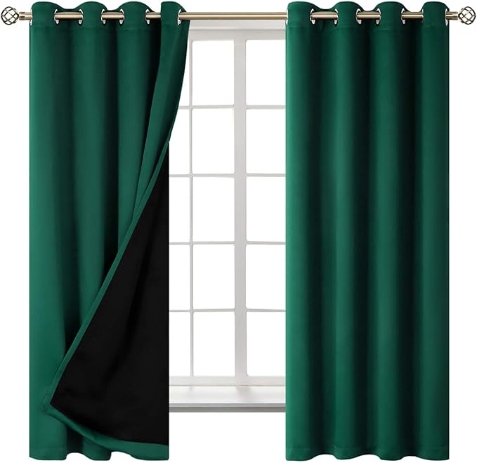 BGment Thermal Insulated 100% Blackout Curtains for Bedroom with Black Liner, Double Layer Full Room Darkening Noise Reducing Grommet Curtain (52 x 63 Inch, Emerald, 2 Panels)