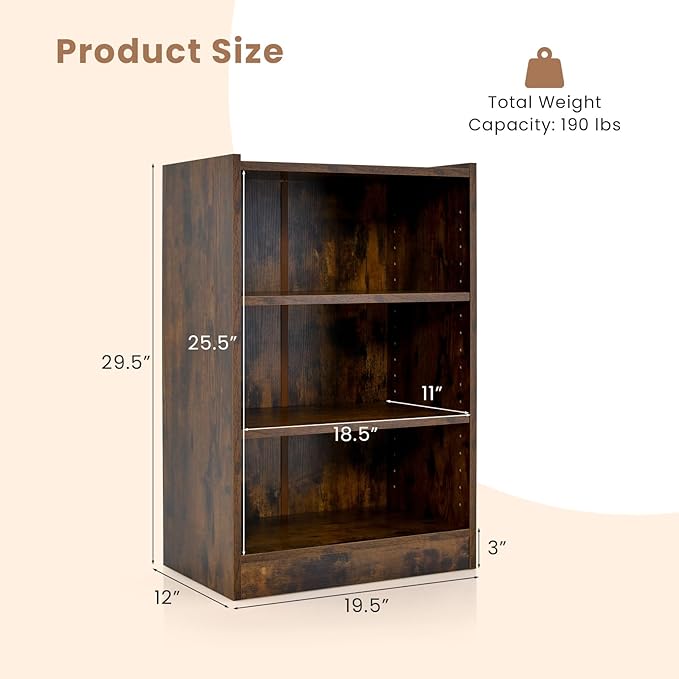 LOKO 3-Tier Open Bookcase, Modern 3-Cube Bookshelf with 18-Position Adjustable Shelves & Anti-toppling Devices, Multipurpose Cubical Display Storage Organizer for Living Room Study (1, Rustic Brown)