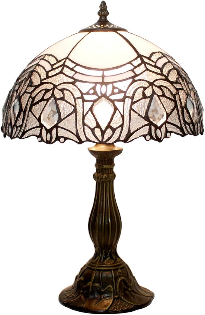 WERFACTORY Tiffany Lamp White Bent Stained Glass Bedside Table Lamp Desk Reading Light 12X12X18 Inches Decor Bedroom Living Room Home Office S508W Series
