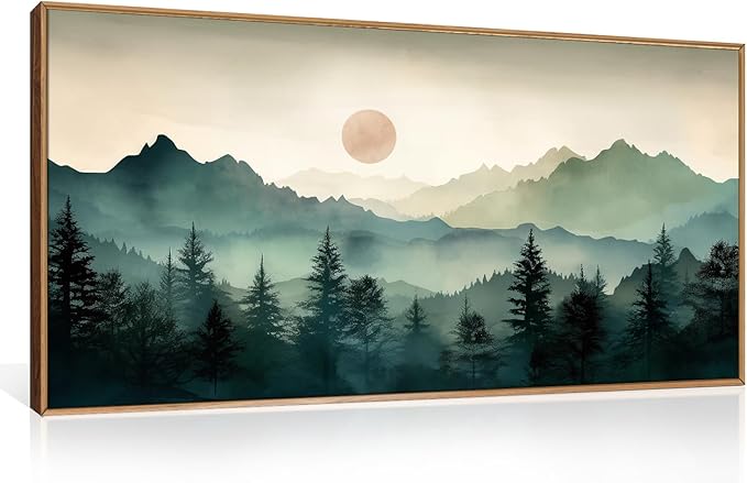 LHIUEM Large Boho Mountain Framed Wall Art Set,Watercolor Pine Tree Wall Painting,Abstract Foggy Green Forest Artwork,Modern Nature Landscape Sunrise Wall Decor for Living Room, Bedroom,Office-20x40