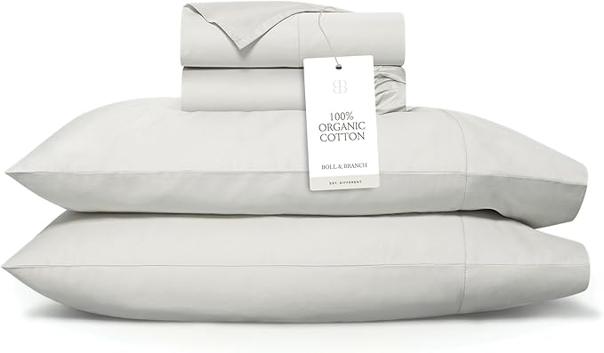 BOLL & BRANCH Signature Hemmed Sheet Set - Twin, Mist - Luxury 100% Organic Cotton - Includes 1 Flat, 1 Fitted, 2 Pillowcases - Buttery Soft