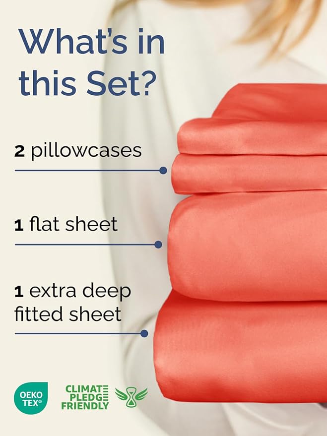 Extra Deep Twin XL Sheet Set - 4 Piece Breathable & Cooling Sheets - Hotel Luxury Bed Sheets Set - Easy & Secure Fit - Soft, Wrinkle Free & Comfy Sheets Set - Coral Sheet Set with Extra Deep Pockets