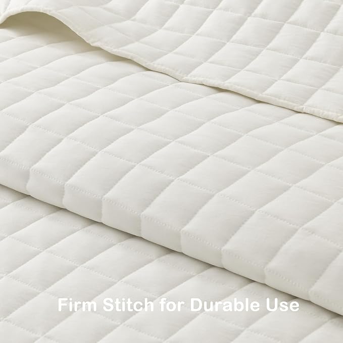 HORIMOTE HOME Ivory Ruffled Quilt Set Queen Size, Classic Geometric Square Stitched Pattern, Pre-Washed Farmhouse Shabby Chic Microfiber Lightweight Bedding Set Bedspread Coverlet for All Season