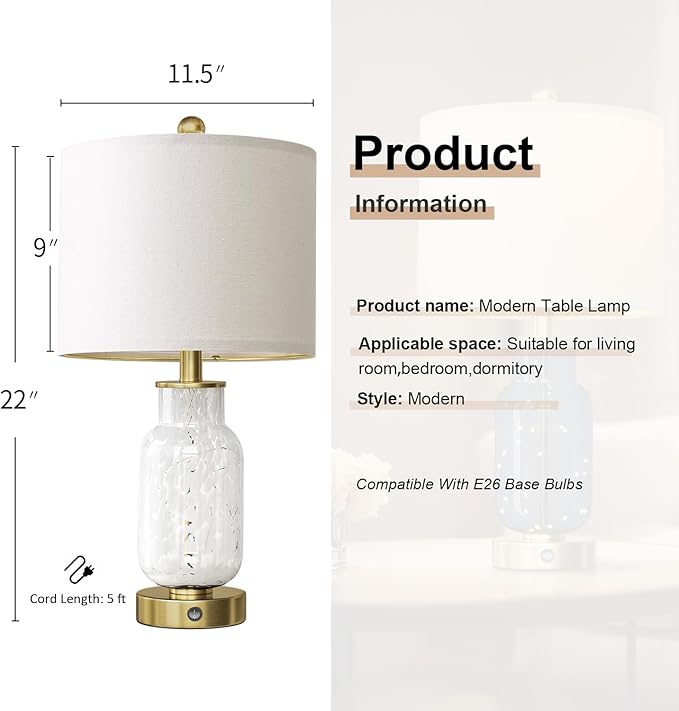 Oneach 22" Glass Table Lamps Set of 2, White Modern Bedside Lamp with LED Night Light for Living Room, Nightstand Lamp with USB Ports for Bedrooms, Study Room, End Table(2 Bulbs Included)