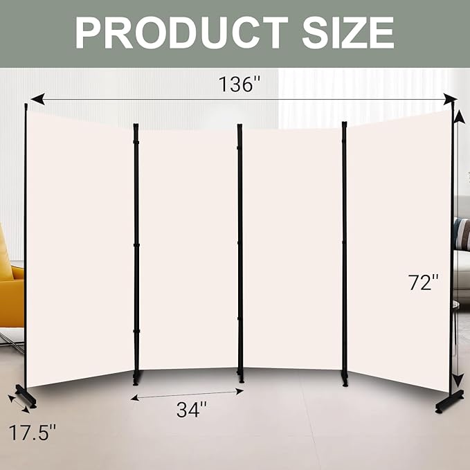 Room Divider Folding Privacy Screens with Wheels, 6FT Tall Divider for Room Separation, Movable Room Partitons and Dividers, Indoor Room Dividers Panel with Fabric (Beige, 4 Panel-136‘’-Round Pad)
