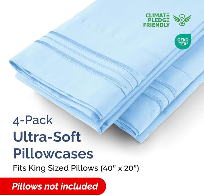 King Pillow Cases Set of 4 - Ultra Soft Hotel Quality Pillowcase Covers - Comfy, Cozy & Wrinkle Free - Shrinkage, Stain & Fade Resistant - Machine Washable Pillow Protectors - 4 Piece Set - Light Blue