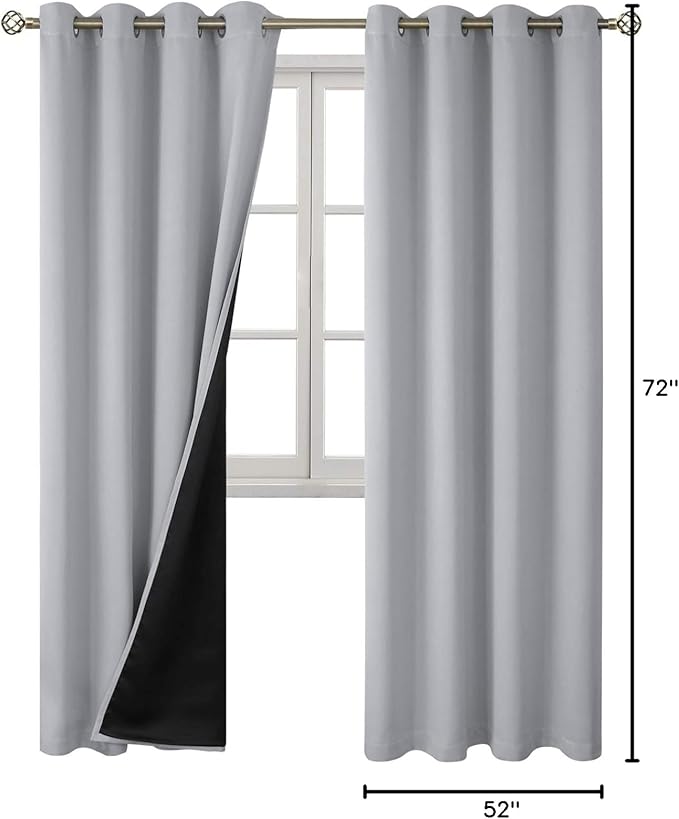 BGment 100% Blackout Curtains for Bedroom with Black Liner, Thermal Insulated Thick Double Layers Total Light Blocking Grommet Window Curtains 72 Inch Length 2 Panels Set (52 x 72 Inch, Light Grey)