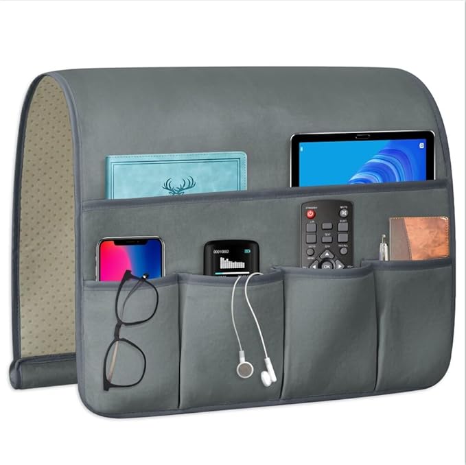 WETRBWEH TV Remote Control Holder Couch Caddy, Non-slip Bedside Caddy Organizer with 5 Pockets for Key Glasses Phone Magazine Holders (Gray, 35''x18'')