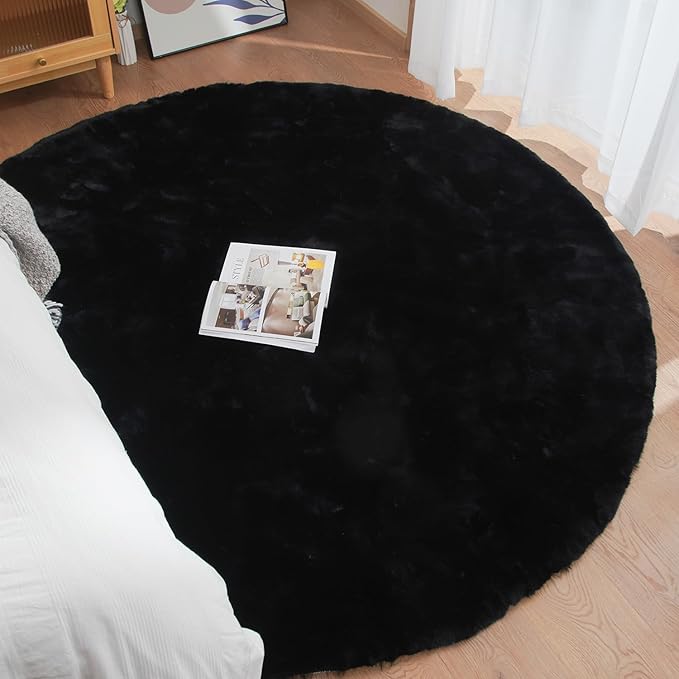 Round Rugs 6ft Faux Rabbit Fur Rug Fluffy Rug for Bedroom Black Faux Fur Machine Washable Area Rugs Living Room Teen Room Home Decor