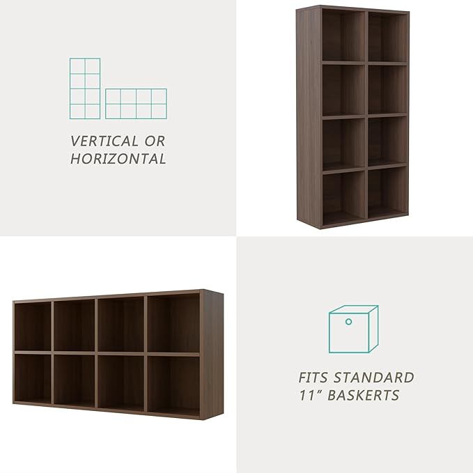 OSCHF 8-Cube Storage Shelf Bookcase - Wooden 4-Tier Floor Standing Open Bookshelf for Home and Office, Cuby Orgainzer, Walnut