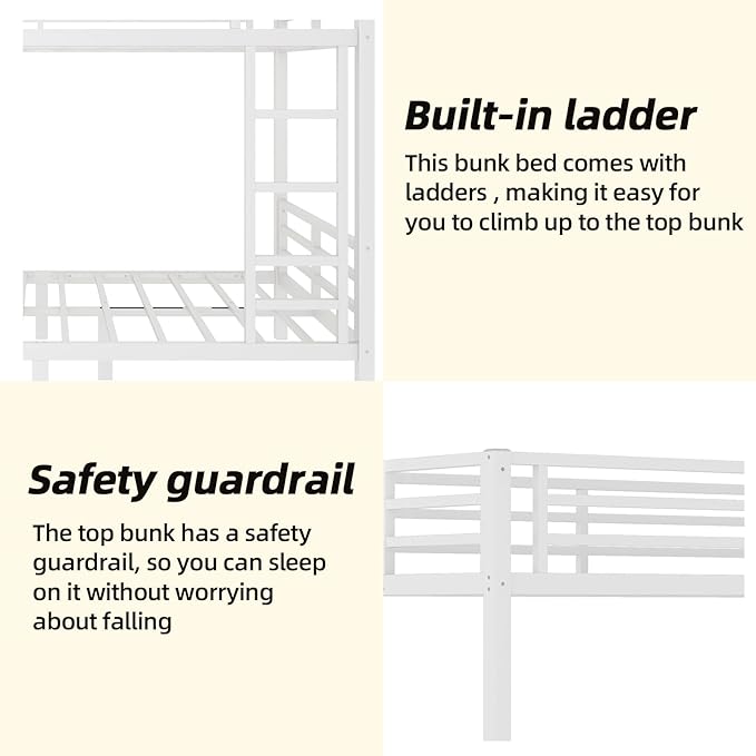 Twin XL Over Twin XL Bunk Bed Frame, Heavy Duty Metal Loft Bed for Adults/Teens, 350/500LB Capacity w/Ladder & Guardrail, Noise-Free Steel Slats, No Box Spring Required, White