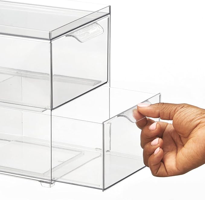 mDesign Stackable Storage Containers Box with 2 Pull-Out Drawers - Stacking Plastic Drawer Bins for Kitchen Pantry and Cupboard, Cabinet, Counter, Island and Tables - Lumiere Collection, 4 Pack, Clear