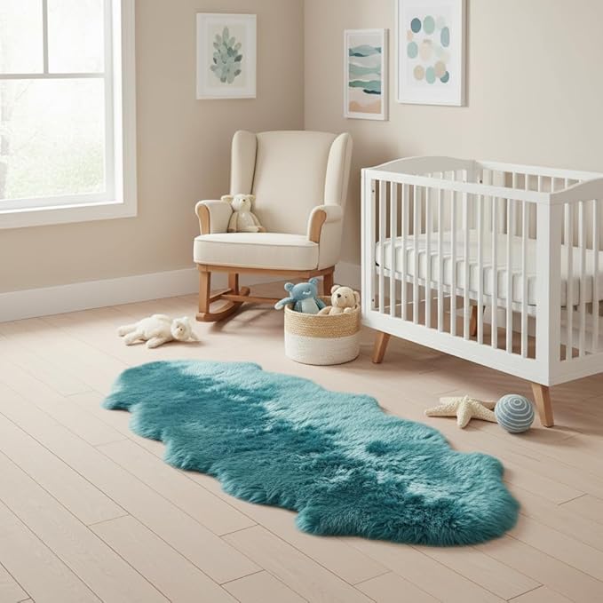Premium Genuine Sheepskin Rug 2' x 6' Long Fur Soft & Natural Bedside Area Rug, Beach Blue, Double Pelt