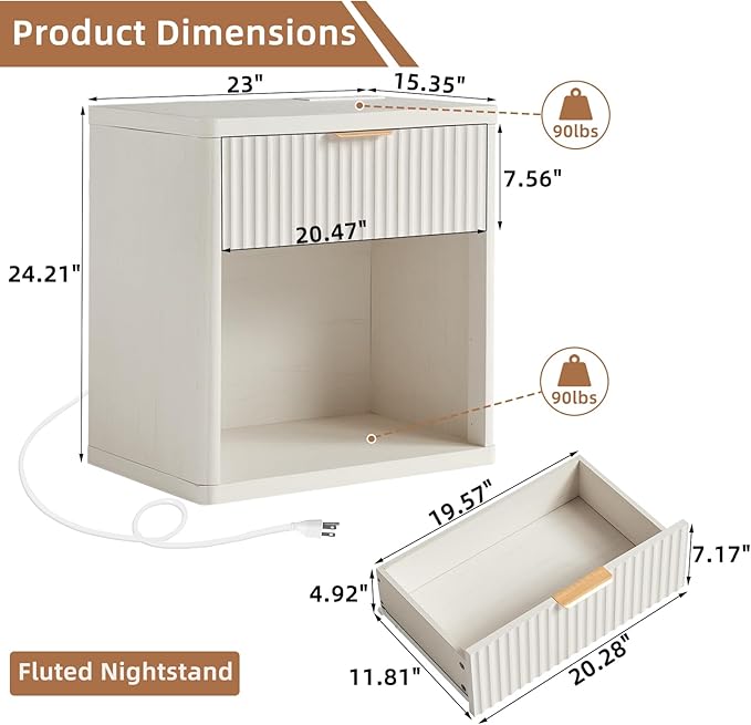 LEYAOYAO Fluted Nightstand with Charging Station, 23" Wide 1 Drawers End Table,White Night Stand with Open Storage Cabinet, Farmhouse Bed Side Tables, Wood Dresser for Bedroom, Living Room, Closet
