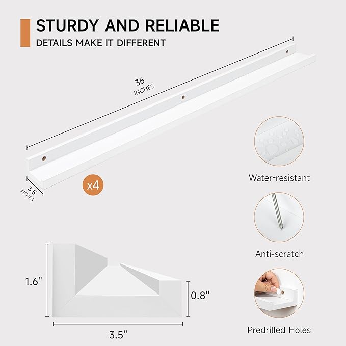 Fun Memories Picture Ledge Shelf for Wall, Floating Shelves Set of 4, 36 Inch Long Nursery Book Shelves for Toys Storage, Kids Bookshelf Wall Mounted for Books Photo Frames, White