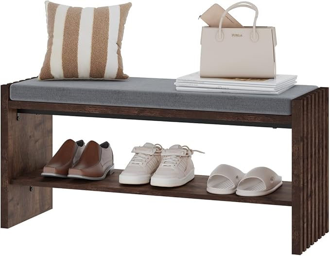BON AUGURE Shoe Bench with Storage, Entryway Bench with Cushion & 2-Tier Shoe Rack, Modern Ottoman Storage Bench for Mudroom, Hallway, Bedroom (Rustic Oak, 40 Inch Wide)