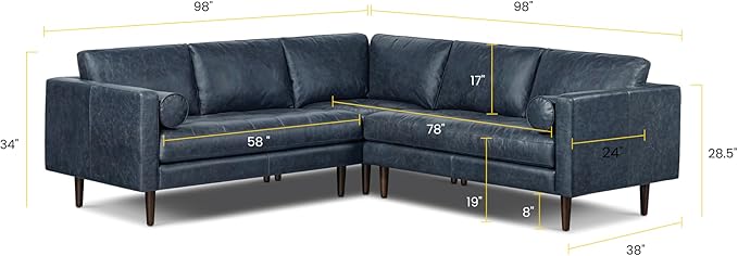 Poly & BARK Napa 98” Leather Corner Sectional Sofa – Full-Grain Italian-Tanned Aniline Leather, Feather-Down Comfort, Solid Wood Frame – Nightfall Blue