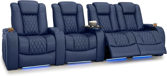 Seatcraft Diamante Zero-Gravity CoolZero Italian Leather Home Theater Seating, Power Headrest, Power Recline, Row of 4 Right Loveseat, Navy Blue