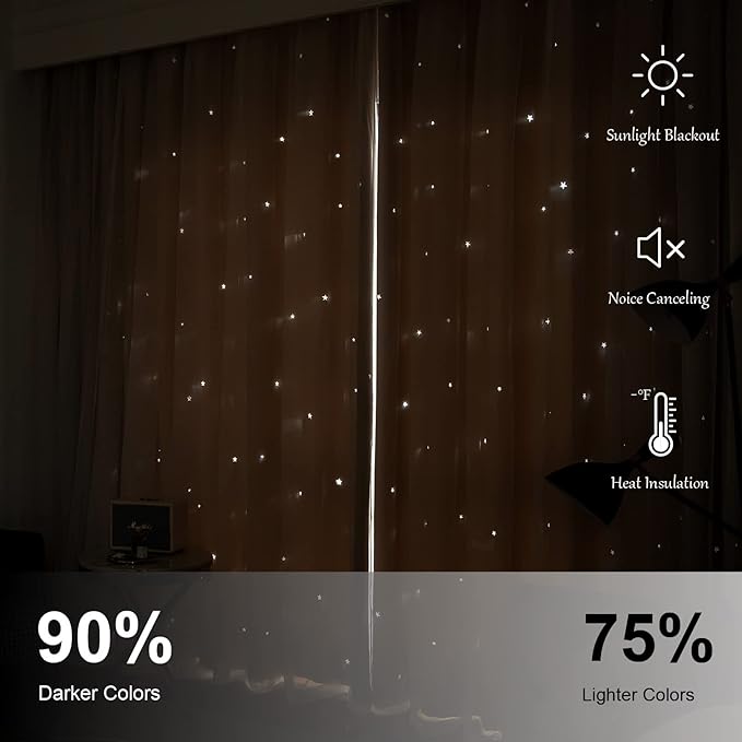 Star Double Layer Blackout Curtains for Bedroom, Kids - Cute, 84 Inches Long, 2 Panels Set, Beige, 42 X 84 Inches