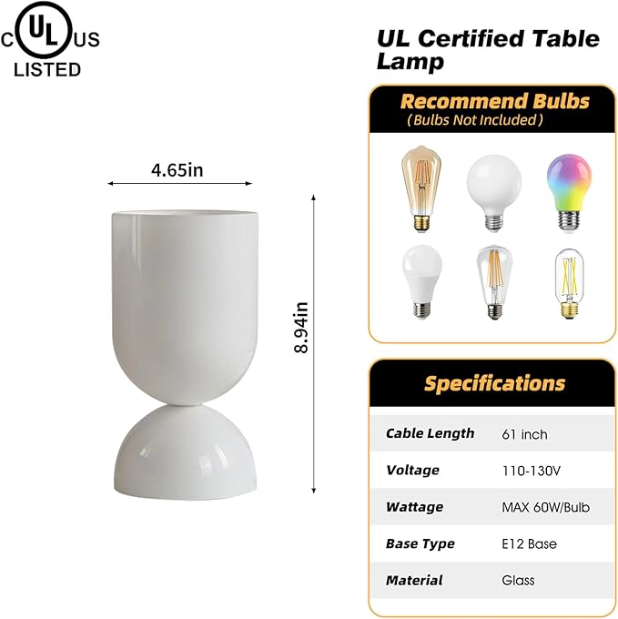 8.9" Modern Glass Table Lamp for Living Room, Dimmable Desk Lamps for Bedroom, UL Listed Nightstand Lamp with Dome Base, End Table Lamps for Home, Side Tables, College Dorm, Office, Glossy White