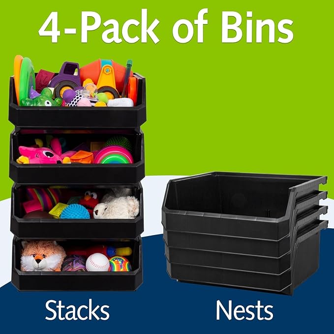 Plastic Containers for Organizing and Storage Bins for Closet, Kitchen, Office, Garage or Pantry Organization, Stackable Bins, Extra Large (14.8" x 16.5" x 7"), 4-Pack, Black