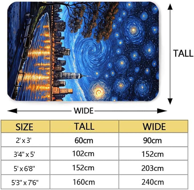 Machine Washable 5' x 7' Oil Painting-Style Area Rug, Bule Floor mat, Suitable for bedrooms, Girls' Room Bedside, Living Room, Dining Room, Office, Non-Slip Low-Pile Stars and Swirls Carpet
