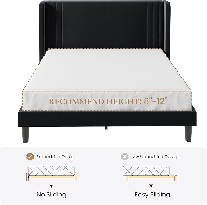 SHA CERLIN Full Size Velvet Upholstered Platform Bed Frame with Vertical Channel Tufted Wingback Headboard, Wooden Slats Support, Easy Assembly, Under Bed Storage, No Box Spring Required, Black