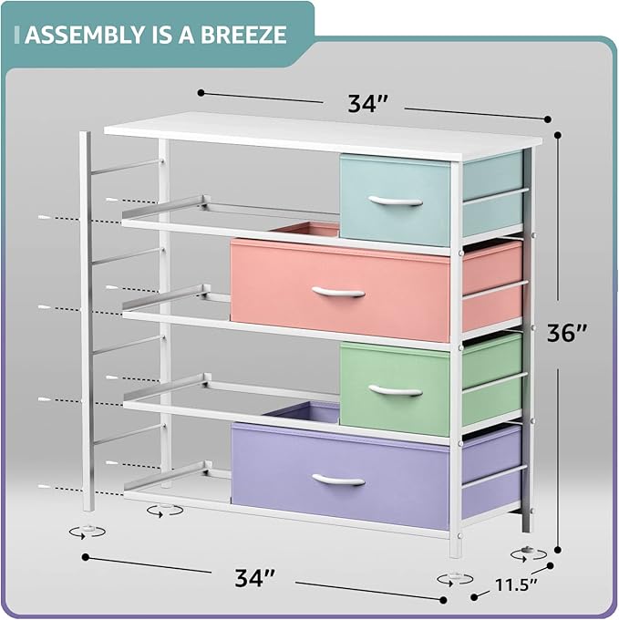 Sorbus Dresser with 8 Drawers - Furniture Storage Chest for Kid’s, Teens, Bedroom, Nursery, Playroom, Clothes, Toys - Steel Frame, Wood Top, Fabric Bins (Pastel)