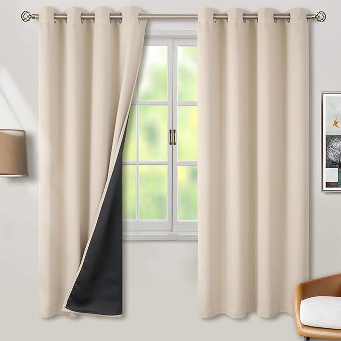 BGment Thermal Insulated 100% Blackout Curtains 69 Inch Length 2 Panels, Total Light Blocking Curtains for Bedroom, Grommet Window Drapes with Thick Black Liner, 55 Inch Wide Each Panel, Champagne