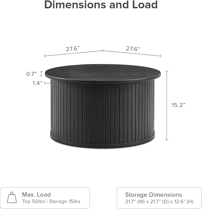 mopio Quin Tambour Round Circle Coffee Table with Storage, Drum Accent, Mid Century Modern, Wood, Fluted Center, Tea Table with Removable Lid, Living Room (Black Oak)