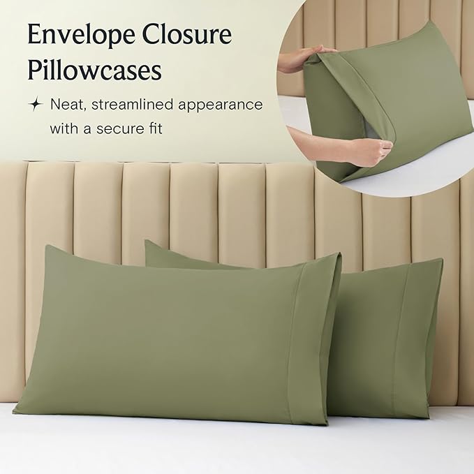 LuxClub 4 PC California King Sheet Set, Deep Pockets Wrinkle Free Cooling Bed Sheets Hotel Bedding for Women, Men, Includes 1 Fitted Sheet, 1 Flat Sheet and 2 Pillowcases-Olive