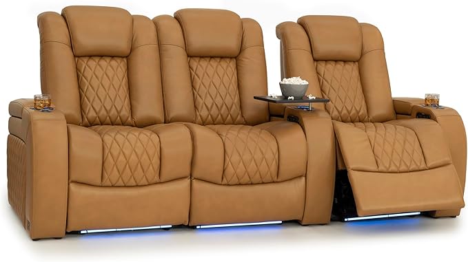 Seatcraft Diamante Zero-Gravity CoolZero Italian Leather Home Theater Seating, Power Headrest, Power Recline, Row of 3 Left Loveseat, Tan Oak