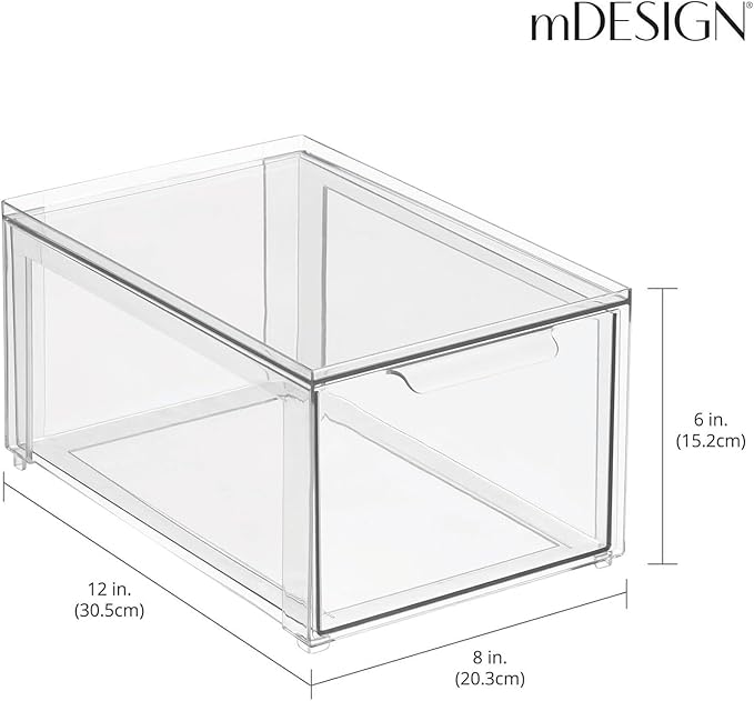 mDesign Plastic Stackable Bathroom Storage with Pull Out Bin Organizer Drawer for Cabinet, Vanity, Shelf, Cupboard, Cabinet, or Closet Organization - Lumiere Collection - Clear