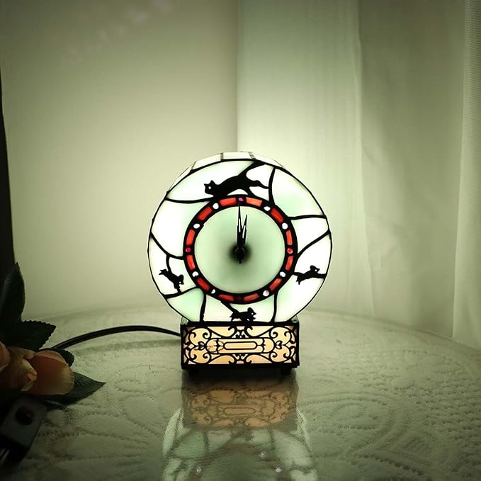 Bieye L10970 Cat and Mouse Tiffany Style Stained Glass Desk Clock Table Lamp for Home Decor (Green)