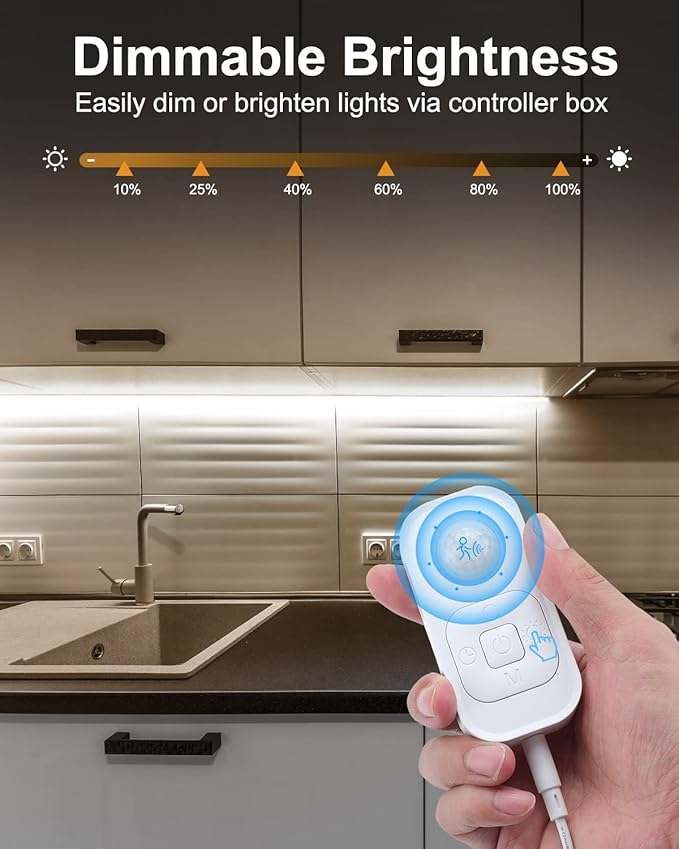 Motion Sensor LED Strip Light - Cabinet Strip Lights with 24W Plug, Dimmer and Timing,16.4ft 6000K ColdWhite