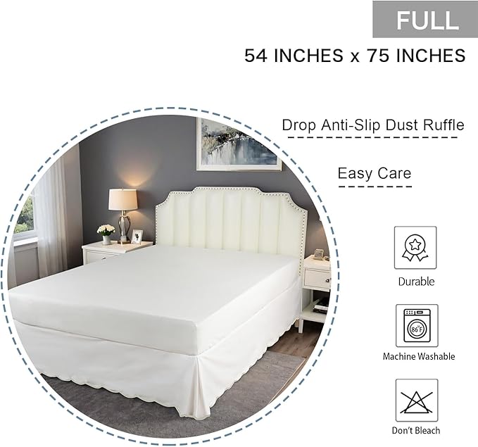 HIG Off-White Chic Full Bed Skirt - Easy Fit Scallop Edge Pleated Bedskirts, 14 Inch Drop Anti-Slip Dust Ruffle, Thick Fabric for Enhanced Privacy, Pre-Washed for Long-Lasting Use(N60022)