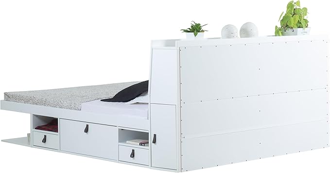 memomad Bali Set: Storage Platform Bed with Drawers + Bookcase Headboard (King Size, White Wood)