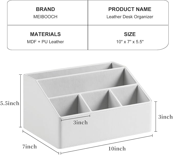 MEIBOOCH PU Leather Desk Organizer, Luxury Remote Control Holder for Home, Office Desk Accessories Table Caddy Bedside Nightstand Organizer (White)